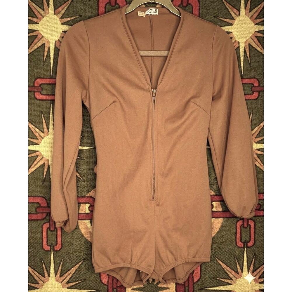 VTG 70s Cole of California Romper Bodysuit Brown Zip Long Sleeve Playsuit READ